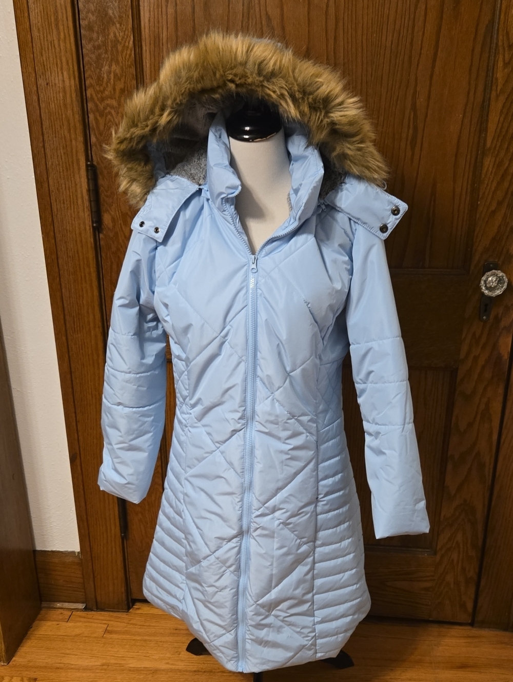 Sporto Light Blue Quilted Puffer Coat with Faux Fur Hood